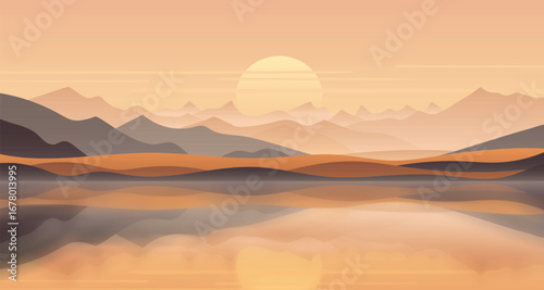 Mountain lake at dawn, morning light and sun, minimalist landscape, vector illustration