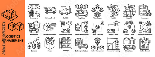 Logistics management icon set. Containing ecommerce, delivery truck, forklift, warehouse, freight, inventory, order fulfillment, supply chain, demand forecasting, sales report.