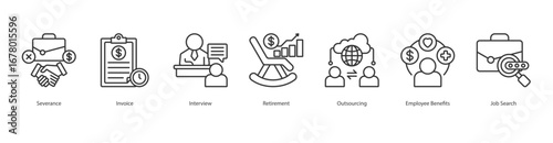 Employment Cycle banner web icon set vector illustration concept with icon of severance, invoice, interview, retirement, outsourcing, employee benefits, job search