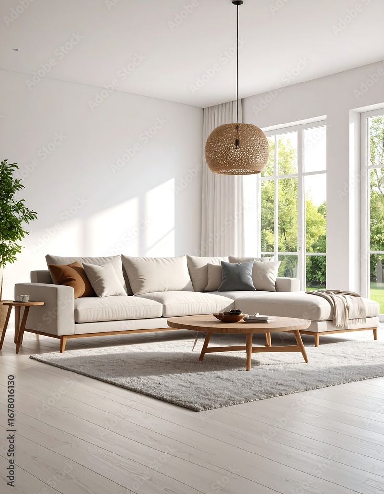 Fototapeta premium Modern living room with beige sectional sofa
