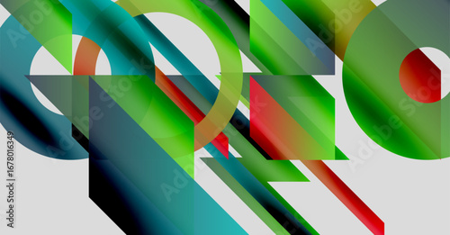 Abstract composition featuring overlapping geometric shapes. Colors blend, creating dynamic visual experience. Lines intersect, forming complex patterns.