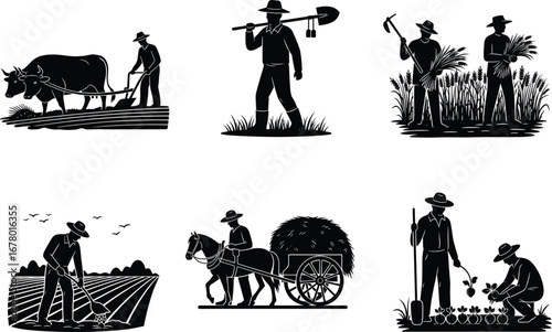 Farmers working in fields, plowing with oxen and horses, harvesting crops, planting seeds, rural agriculture silhouettes