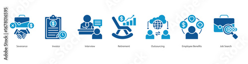 Employment Cycle banner web icon set vector illustration concept with icon of severance, invoice, interview, retirement, outsourcing, employee benefits, job search