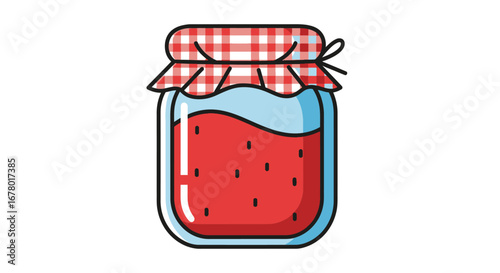 A Jar of Homemade Strawberry Jam Covered with a Red and White Gingham Fabric Lid Tied with String, Perfect for Breakfast Spreads and Baking