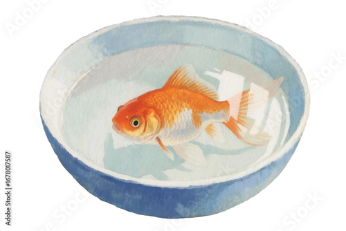 Hand-drawn watercolor goldfish in bowl, soft transparent brush strokes