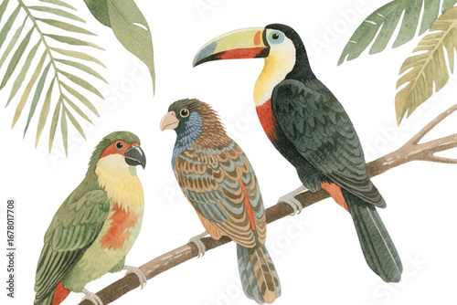 Watercolor illustration of tropical birds, hand-drawn with detailed feathers and texture