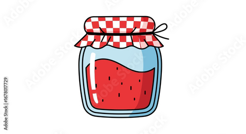 A jar of strawberry jam with a red and white checkered lid, tied with a string, showcasing the vibrant red fruit preserve perfect for breakfast or baking