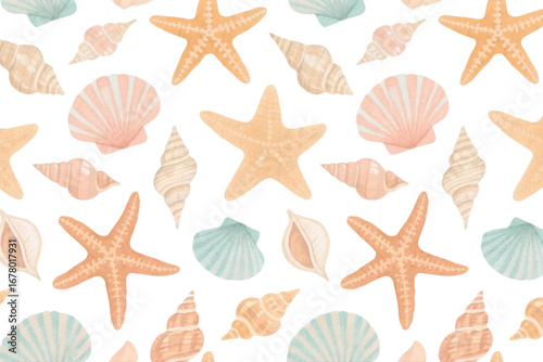 Watercolor hand-drawn seamless pattern of seashells and starfish, pastel tones on white background
