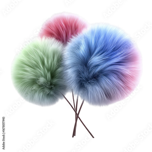 Three fluffy spherical trees in pastel green pink and blue shades on thin branches