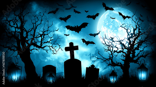 A graveyard with a cross and two cemeteries with a full moon in the background