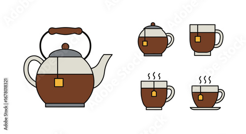 A collection of flat design tea icons featuring a kettle, teapot, mugs, and steaming cups with tea bags, all in a simple line art style.