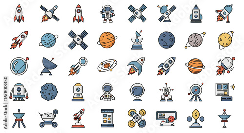 Colorful collection of space and astronomy icons featuring rockets, planets, and astronauts in a cartoon line art style.
