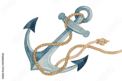 Hand-drawn watercolor anchor and rope with nautical elements, vintage soft texture