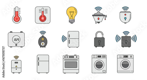 A collection of hand-drawn smart home and appliance icons featuring color and grayscale designs with wireless symbols.