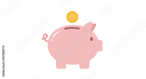 A simple pink cartoon piggy bank with a curly tail, receiving a shiny gold coin into its slot.
