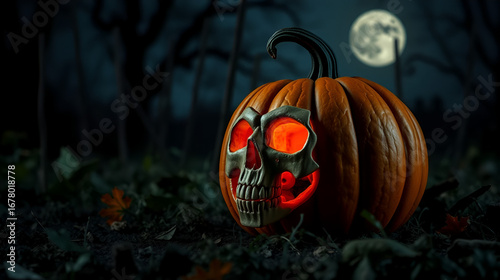 Spooky pumpkin with skull in night scene