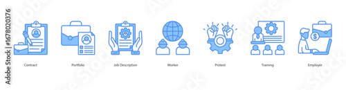 Labor Management banner web icon set vector illustration concept with icon of contract, portfolio, job description, worker, protest, training, employer
