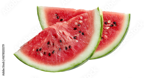 Two Fresh Watermelon Triangles with Seeds on Transparent Background, png
