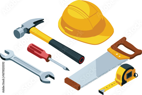 Construction Tools Isometric Set Hammer, Screwdriver, Wrench, Saw, Helmet Vector