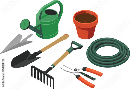 Isometric Gardening Tools Collection with Watering Can, Shovel, and Rake Set