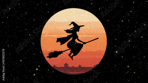 A witch flying on a broomstick over a moonlit sky