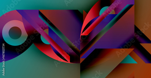 Abstract geometric composition. Vivid colors blend, creating dynamic shapes. Modern design, bold contrasts, visual complexity.