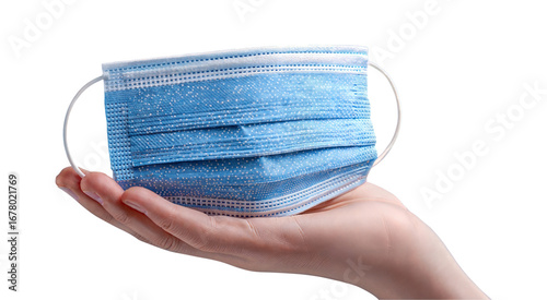 Hand Holding Surgical Face Mask isolated on transparent background, png