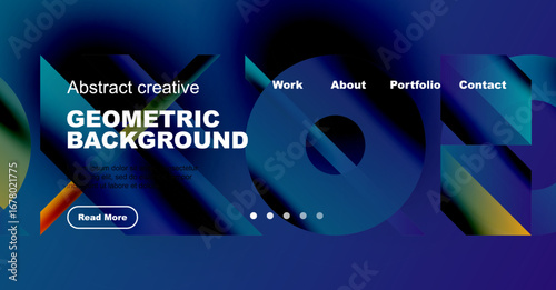 Dynamic blue gradient background features geometric shapes, text elements, navigation menu. Modern design promotes creativity, portfolio viewing.