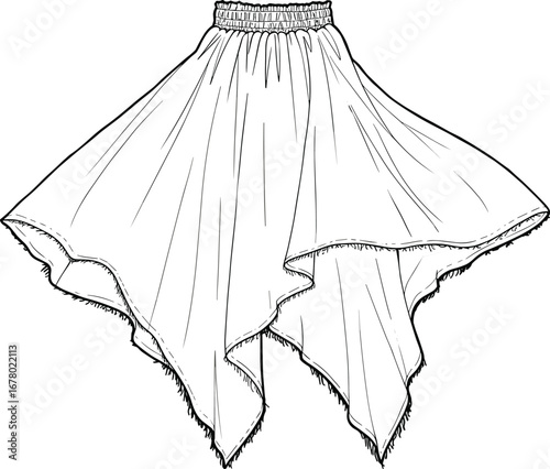 Women’s asymmetric handkerchief hem skirt technical flat fashion sketch with elastic waistband and raw edge detail, vector template.