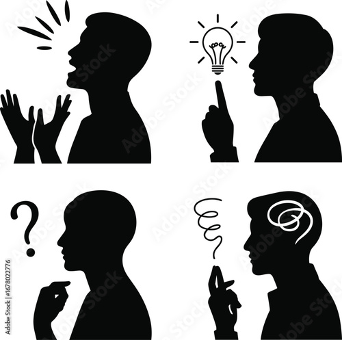 Creative thinking icons set, human silhouette ideas, problem solving symbol, brainstorming concept illustration, communication gesture design, innovation imagination graphic collection