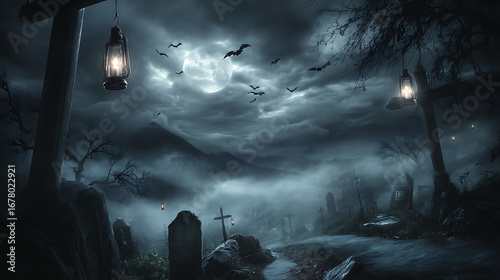 A graveyard with a full moon in the sky