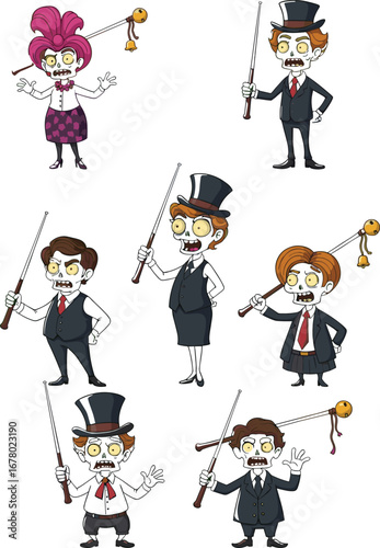 Victorian cartoon characters with monocles and pointer sticks in exaggerated expressions, humorous vintage fashion illustration for educational or theatrical themes