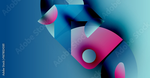 Abstract shapes overlap, creating vibrant blue, pink gradients. Soft light, smooth transitions define composition. Modern design.