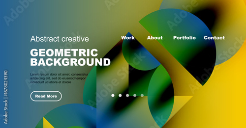 Abstract website header design. Colorful geometric shapes overlap text, navigation links present. Modern, vibrant aesthetic.