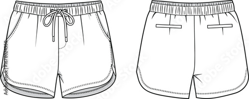 Women’s athletic running shorts technical flat sketch, elastic waist drawstring shorts vector, sportswear apparel fashion template
