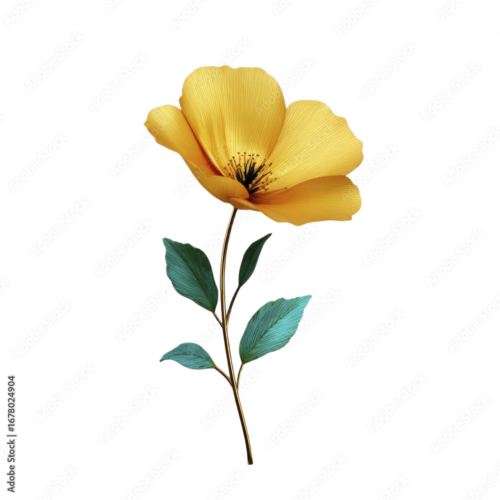 Naklejka premium Yellow Flower With Detailed Petals And Green Leaves On A Transparent Background
