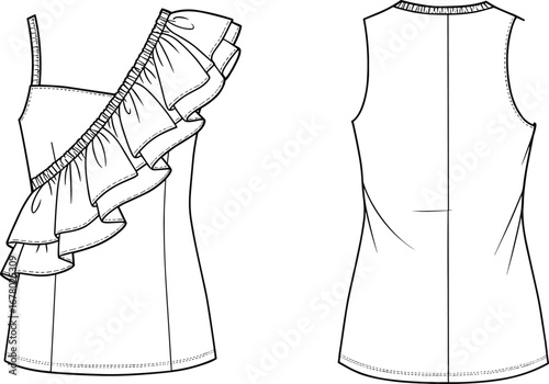 Women’s asymmetrical ruffle top CAD, fashion technical sketch, one shoulder strap blouse, front and back views, vector flats.