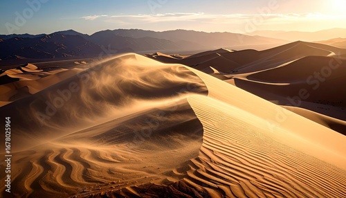 Golden Desert Sand Dunes at Sunset Panoramic View
