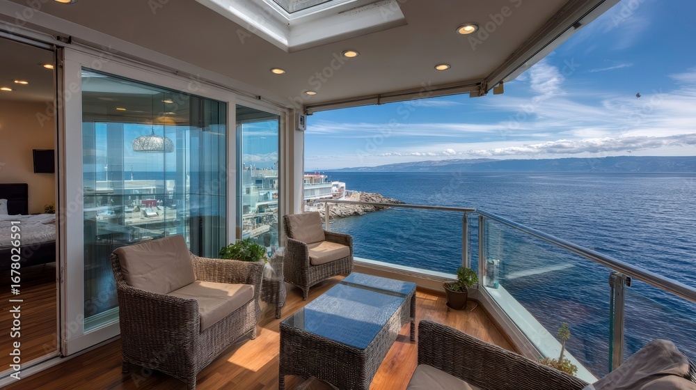 Obraz premium Ocean View Balcony: Luxury Condo Living, Vacation Rental, Seaside