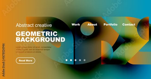 Modern website mockup features vibrant geometric shapes, text elements, navigation menu. Design utilizes gradients, bold typography, simple button.