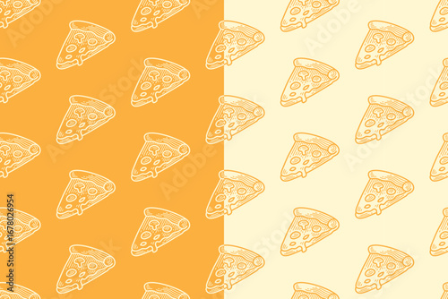 Italian pizza with mushroom, meat, vegetable engraving seamless pattern on yellow white background. Pizza slice hatching doodle pattern motif background. Restaurant packaging. Vector Illustration
