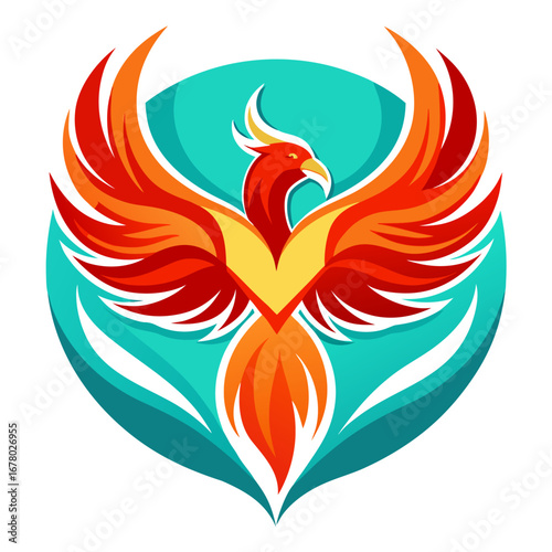 Phoenix in Flaming Heart Formation with Vibrant Red and Orange Feathers over Turquoise Background