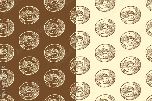 Doughnut snack engraving seamless pattern on brown white background. Donut chocolate with sprinkles hatching doodle pattern motif background. Bakery packaging and merchandise. Vector Illustration