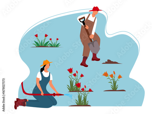 Woman and man wearing watering plants and digging with big shovel flowers. Gardening illustration. Flat vector illustration concept.