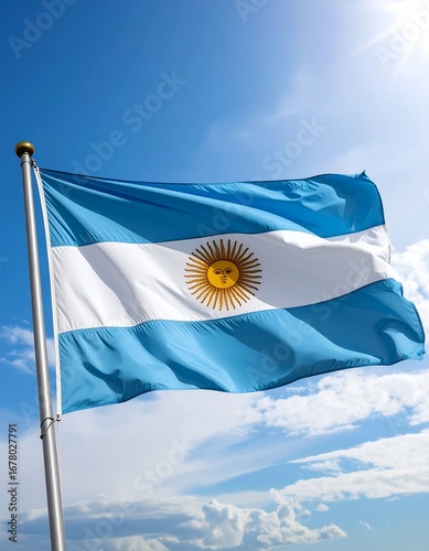 Argentinian flag waving in a clear blue sky