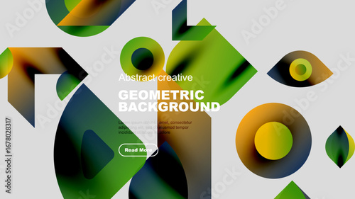 Abstract geometric shapes, vibrant colors, modern design. Gradient elements create dynamic composition, text overlay present.