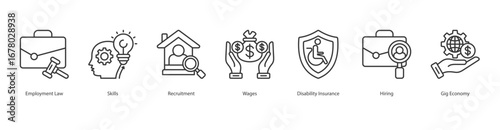 Work Regulation banner web icon set vector illustration concept with icon of employment law, skills, recruitment, wages, disability insurance, hiring, gig economy