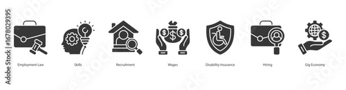 Work Regulation banner web icon set vector illustration concept with icon of employment law, skills, recruitment, wages, disability insurance, hiring, gig economy