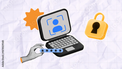 halftone collage Laptop login user icon with hand holding gesture password field and padlock. digital privacy, authentication, and data protection systems