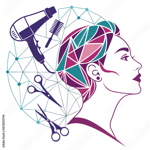 Hairstylist woman with scissors and comb  line art logo.